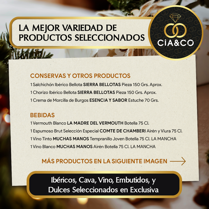 Cesta de Navidad con Ibéricos de Bellota Gourmet 2025 (Lote 208) · Vermouth, Vinos, Brut Comte de Chamberí, Turrones · Incluye Tarjeta Personalizable · Regalo Corporativo, Familiar o Personal
