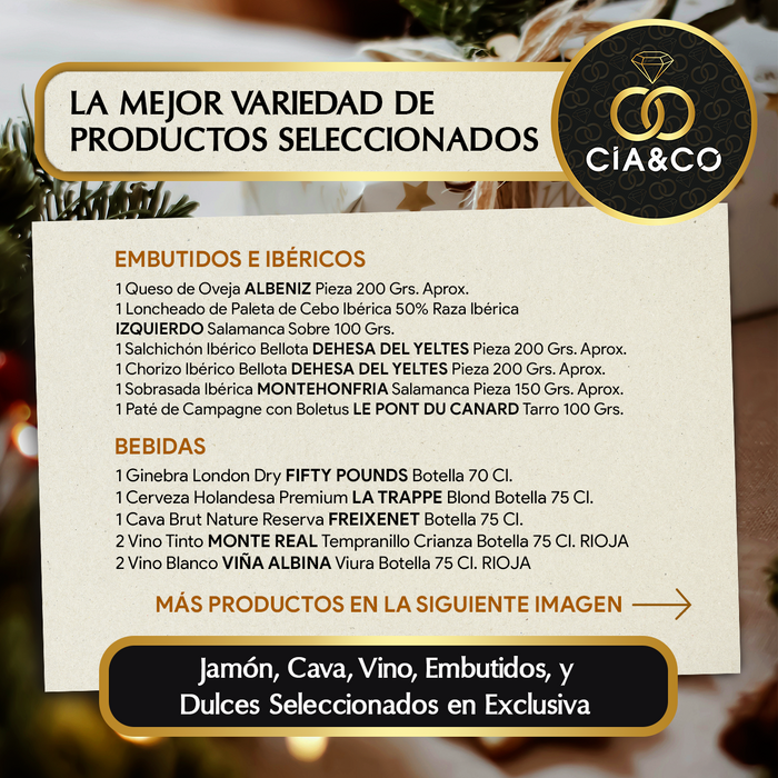 Cesta de Navidad con Jamón Gourmet 2025 (Lote 218) · Con Vinos Rioja, Cava, Ginebra, Cerveza y Dulces Selectos · Incluye Tarjeta Personalizable · Regalo Corporativo, Familiar o Personal Ideal