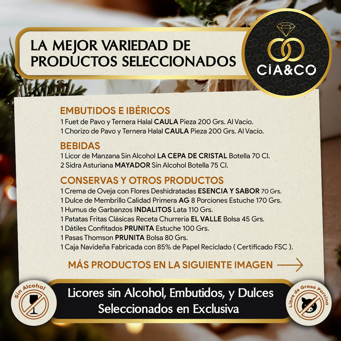 Cesta de Navidad Gourmet Sin Alcohol y Halal 2025 (Lote 211) · Sin Grasa Porcina · Sidra Mayador, Licor de Manzana y Dulces Selectos · Tarjeta Personalizable · Regalo Corporativo, Familiar o Personal