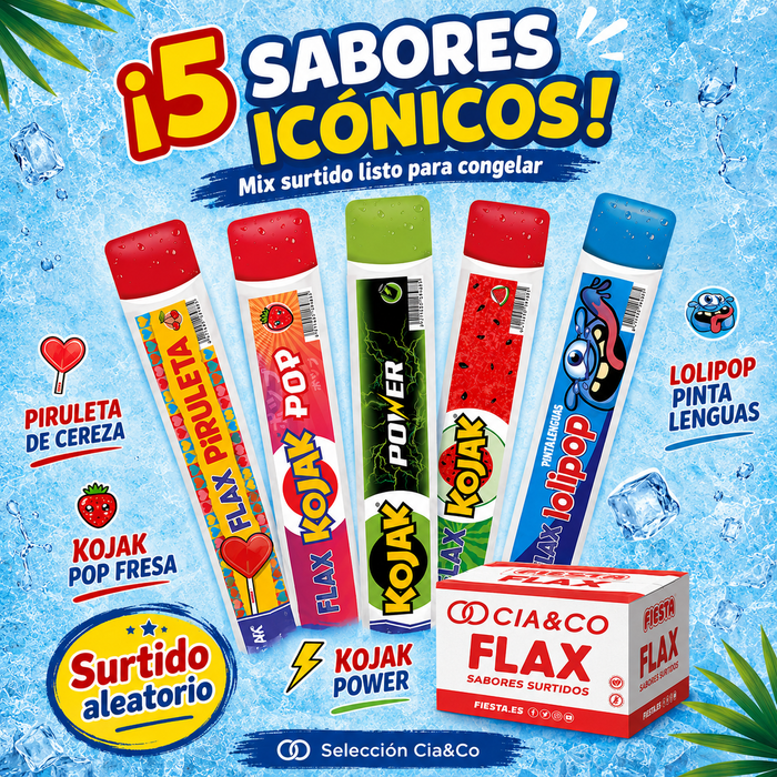 Caja Ahorro Flashes Fiesta CIA&CO – 96 Polos para Congelar (96 x 65 ml) – 5 Sabores de Chuches – Sin Gluten y Aptos para Veganos