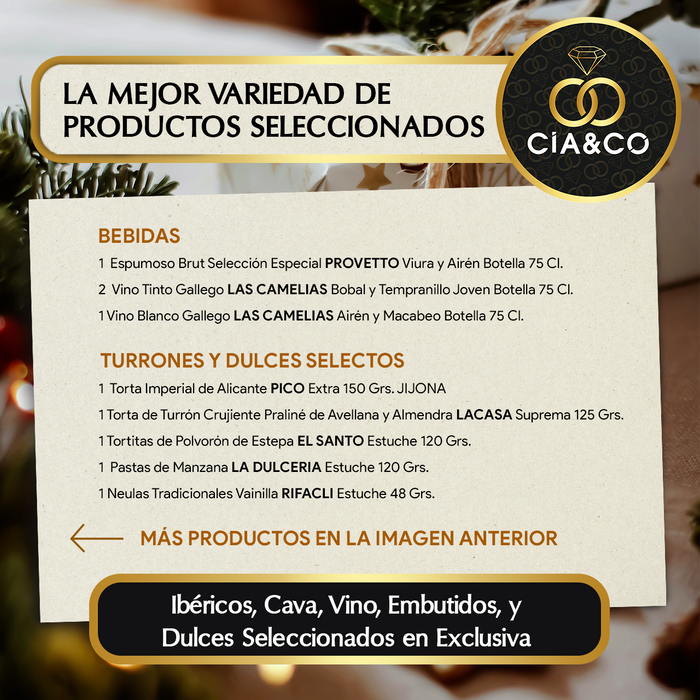 Cesta de Navidad con Ibéricos de Bellota Gourmet 2025 (Lote 204) · Vinos, Brut Provetto, Turrones, Dulces e Ibéricos · Con Tarjeta Personalizable · Regalo Corporativo, Familiar o Personal