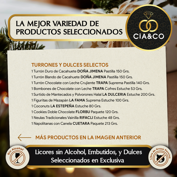 Cesta de Navidad Gourmet Sin Alcohol y Halal 2025 (Lote 211) · Sin Grasa Porcina · Sidra Mayador, Licor de Manzana y Dulces Selectos · Tarjeta Personalizable · Regalo Corporativo, Familiar o Personal