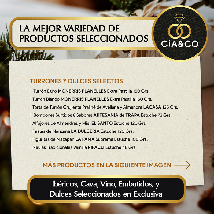 Cesta de Navidad con Ibéricos de Bellota Gourmet 2025 (Lote 210) · Con Vino Tinto/Blanco/Rosado, Cava Brut, Ginebra y Dulces · Incluye Tarjeta Personalizable · Regalo Corporativo, Familiar o Personal
