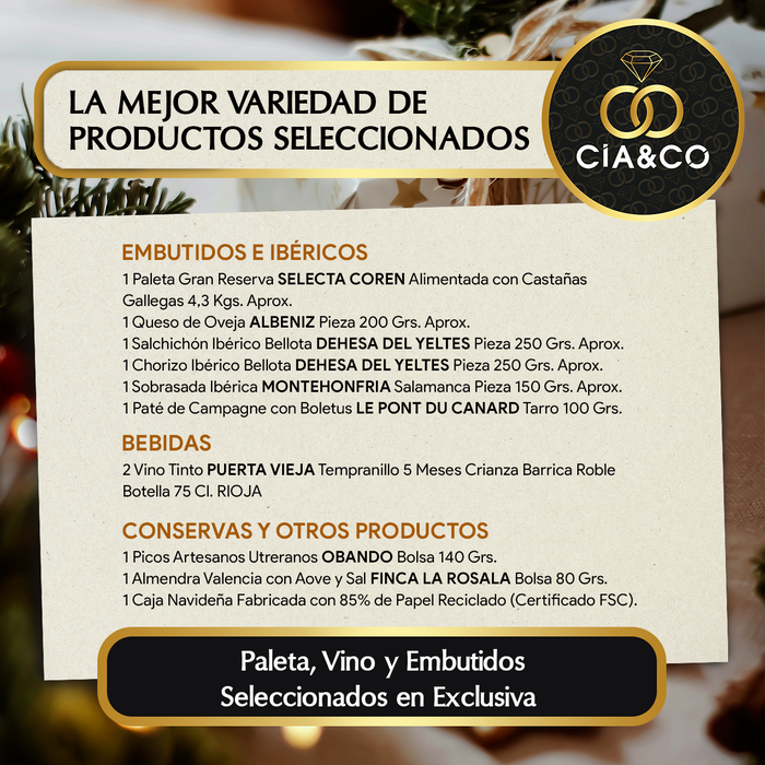 Cesta de Navidad con Jamón Gourmet 2025 (Lote 402) · Con Paleta Gran Reserva, Vinos Rioja, Ibéricos, Queso y Más · Incluye Tarjeta Personalizable · Regalo Corporativo, Familiar o Personal Ideal