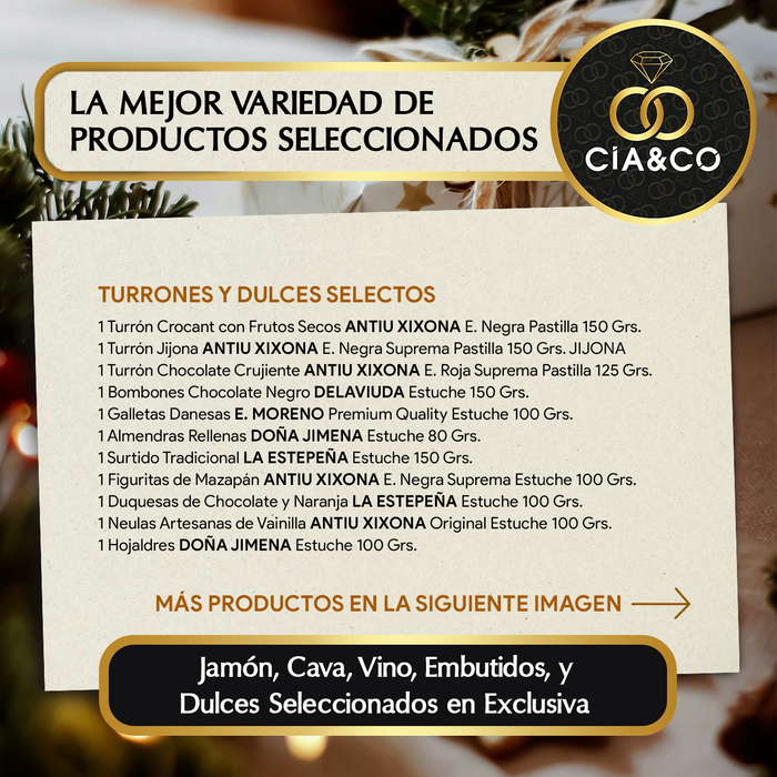 Cesta de Navidad con Jamón Gourmet 2025 (Lote 219) · Con Cava Brut Nature, Vinos Ribera y Rueda, Ginebra, Vermouth y Dulces Selectos · Tarjeta Personalizable · Regalo Corporativo, Familiar o Personal