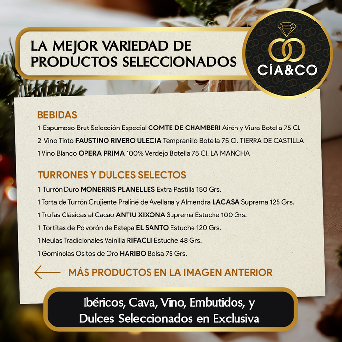 Cesta de Navidad con Ibéricos de Bellota Gourmet 2025 (Lote 205) · Vinos Faustino & Ópera, Brut, Ibéricos, Turrones y Dulces · Incluye Tarjeta Personalizable · Regalo Corporativo o Familiar