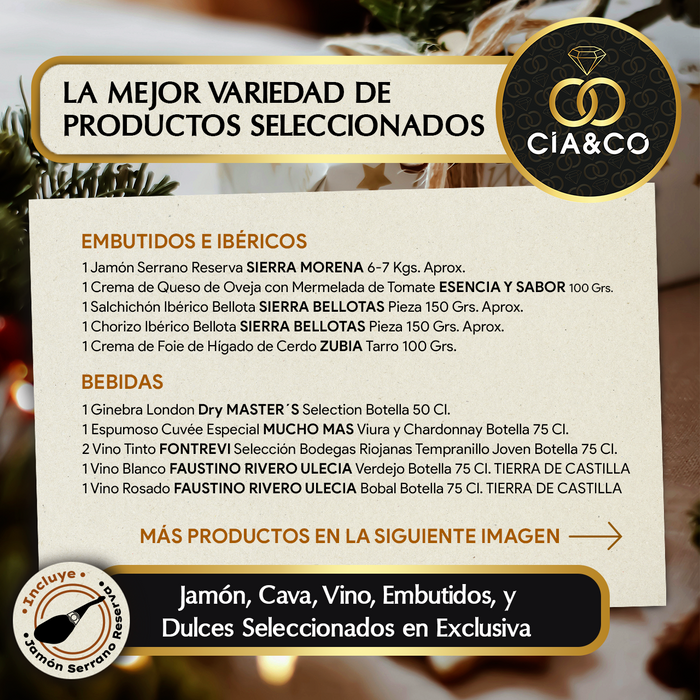 Cesta de Navidad con Jamón Gourmet 2025 (Lote 306) · Con Jamón Serrano, Vinos, Cava, Ginebra, Dulces y Embutidos · Incluye Tarjeta Personalizable · Regalo Corporativo, Familiar o Personal Ideal