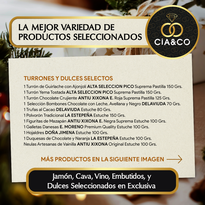 Cesta de Navidad con Jamón Gourmet 2025 (Lote 217) · Con Vino Tinto y Blanco Rioja, Cava, Ginebra, Cerveza, Dulces e Ibéricos · Incluye Tarjeta Personalizable · Regalo Corporativo o Familiar Ideal