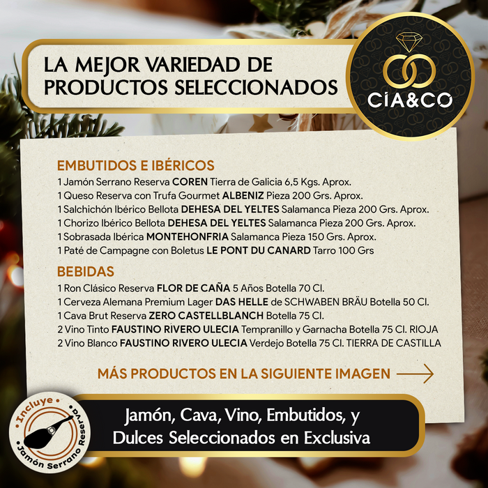 Cesta de Navidad con Jamón Gourmet 2025 (Lote 307) · Con Jamón, Cava Brut, Vinos, Ron, Embutidos, Turrones y Dulces Selectos · Incluye Tarjeta Personalizable · Regalo Corporativo o Familiar Premium