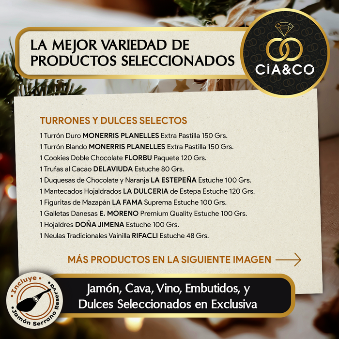 Cesta de Navidad con Jamón Gourmet 2025 (Lote 306) · Con Jamón Serrano, Vinos, Cava, Ginebra, Dulces y Embutidos · Incluye Tarjeta Personalizable · Regalo Corporativo, Familiar o Personal Ideal