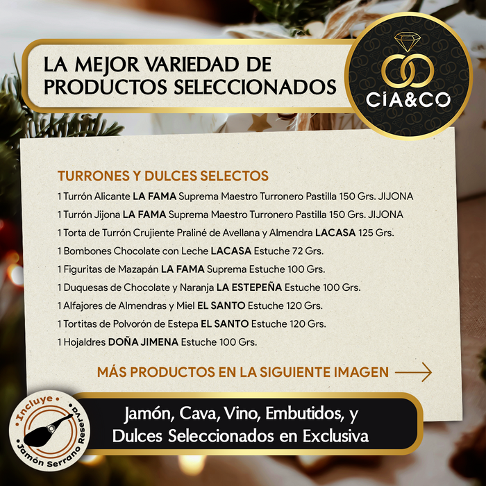 Cesta de Navidad con Jamón Gourmet 2025 (Lote 307) · Con Jamón, Cava Brut, Vinos, Ron, Embutidos, Turrones y Dulces Selectos · Incluye Tarjeta Personalizable · Regalo Corporativo o Familiar Premium