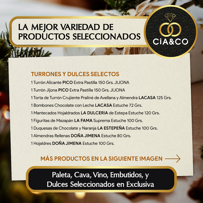 Cesta de Navidad con Jamón Gourmet 2025 (Lote 302) · Con Paleta, Cava Segura, Vinos Faustino Rivero, Vermouth, Dulces y Embutido Selecto · Tarjeta Personalizable · Regalo Corporativo o Familiar Ideal