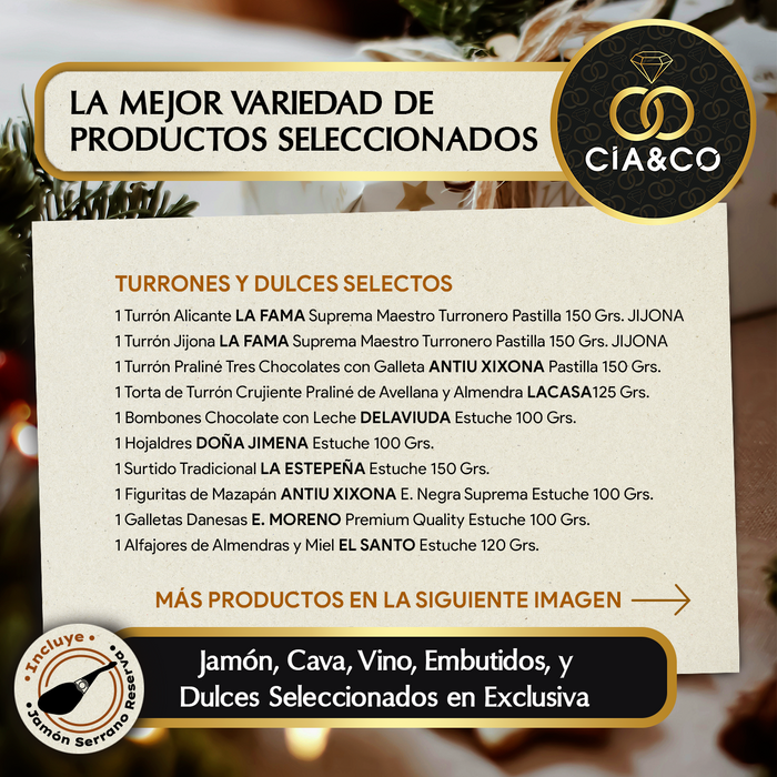 Cesta de Navidad con Jamón Gourmet 2025 (Lote 308) · Con Jamón Reserva, Vinos Rioja & Cune, Cava, Ginebra, Dulces y Ibéricos · Tarjeta Personalizable · Regalo Corporativo, Familiar o Personal Ideal