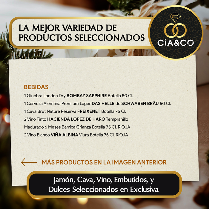 Cesta de Navidad con Jamón Gourmet 2025 (Lote 217) · Con Vino Tinto y Blanco Rioja, Cava, Ginebra, Cerveza, Dulces e Ibéricos · Incluye Tarjeta Personalizable · Regalo Corporativo o Familiar Ideal