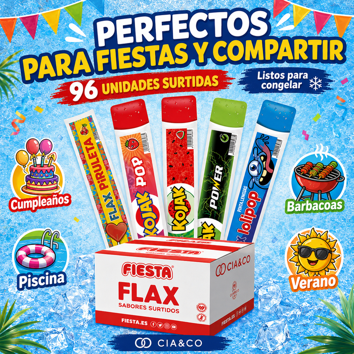 Flashes Fiesta Surtidos CIA&CO – Caja de 96 Polos para Congelar (96 x 65 ml) – 5 Sabores Clásicos – Sin Gluten y Aptos para Veganos