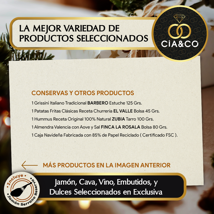 Cesta de Navidad con Jamón Gourmet 2025 (Lote 308) · Con Jamón Reserva, Vinos Rioja & Cune, Cava, Ginebra, Dulces y Ibéricos · Tarjeta Personalizable · Regalo Corporativo, Familiar o Personal Ideal