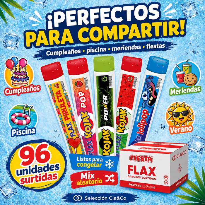 Caja Ahorro Flashes Fiesta CIA&CO – 96 Polos para Congelar (96 x 65 ml) – 5 Sabores de Chuches – Sin Gluten y Aptos para Veganos