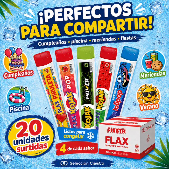 Flashes Fiesta Surtidos CIA&CO – Pack 20 Polos para Congelar (20 x 65 ml) – 5 Sabores de Chuches – Sin Gluten y Aptos para Veganos