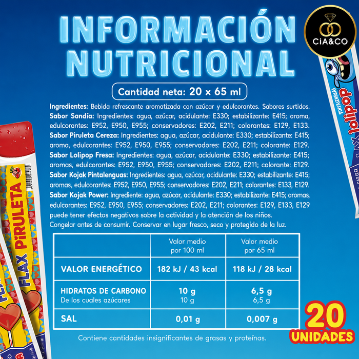 Flashes Fiesta Surtidos CIA&CO – Pack 20 Polos para Congelar (20 x 65 ml) – 5 Sabores de Chuches – Sin Gluten y Aptos para Veganos