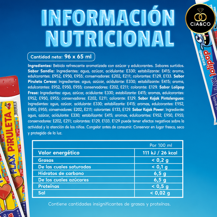 Flashes Fiesta Surtidos CIA&CO – Caja de 96 Polos para Congelar (96 x 65 ml) – 5 Sabores Clásicos – Sin Gluten y Aptos para Veganos