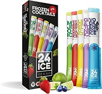 24 ICE Frozen Cocktails, Pack de 5 Helados con Alcohol (5x65ml). Disfruta de tus cócteles favoritos en un polo helado: Mojito, Daiquiri de Fresa, Piña Colada, Limoncello y Vodka Energy. 24 Ice - frontal