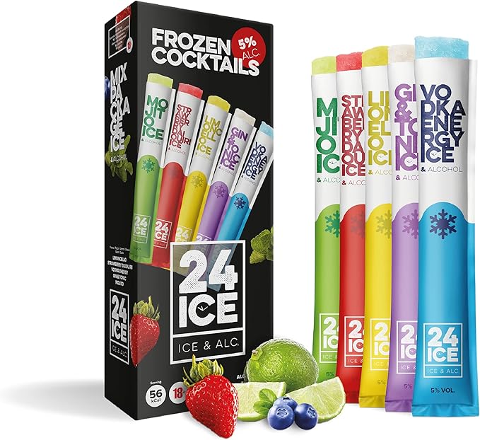 24 ICE Frozen Cocktails, Pack de 5 Helados con Alcohol (5x65ml). Disfruta de tus cócteles favoritos en un polo helado: Mojito, Daiquiri de Fresa, Piña Colada, Limoncello y Vodka Energy. 24 Ice - extra