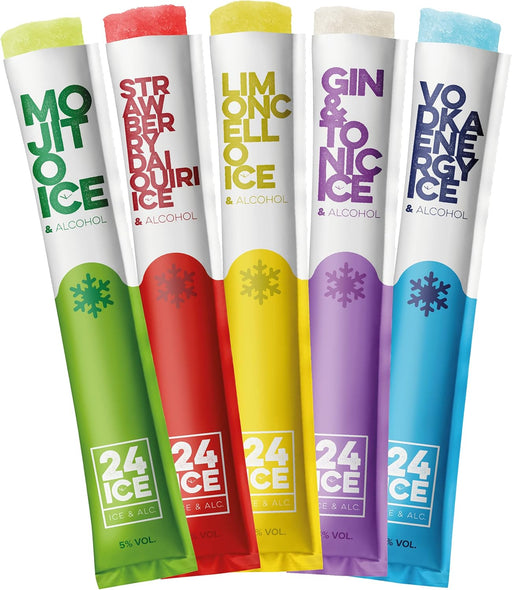 24 ICE Frozen Cocktails, Pack de 5 Helados con Alcohol (5x65ml). Disfruta de tus cócteles favoritos en un polo helado: Mojito, Daiquiri de Fresa, Piña Colada, Limoncello y Vodka Energy. 24 Ice - pack