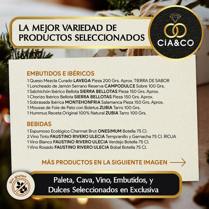 Cesta de Navidad Gourmet Sin Gluten 2025 (Lote 224) · Con Jamón, Brut, Vinos Faustino, Turrones, Ibéricos y Queso · Incluye Tarjeta Personalizable · Regalo Corporativo, Familiar o Personal.