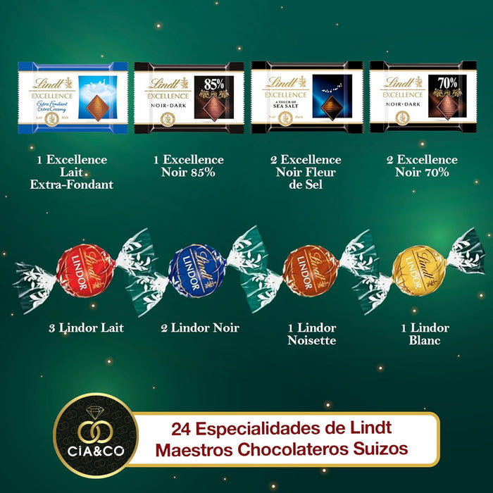 Diseño elegante del calendario de Adviento Lindt Verde con adornos