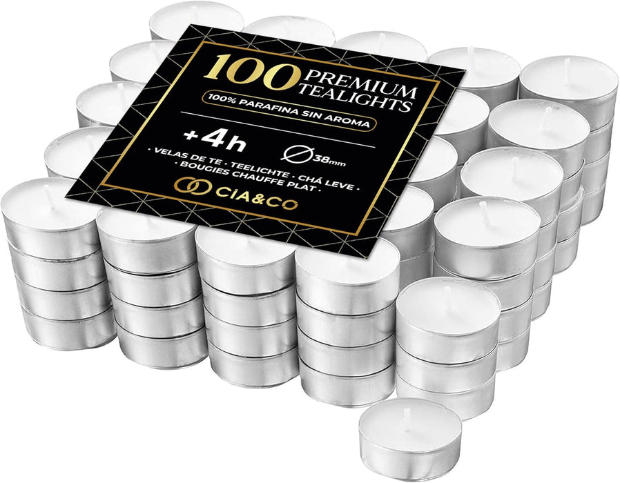 Value Pack of 100 Cia&amp;Co Long-Lasting Tea Lights, 4+ Hours Burn Time. Unscented, 100% Paraffin Round White Candles. Ideal for Home Decor, Hospitality, Events, and the Home.