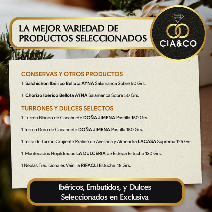 Presentación premium del Lote 100 Cía&Co con productos ibéricos y turrones.