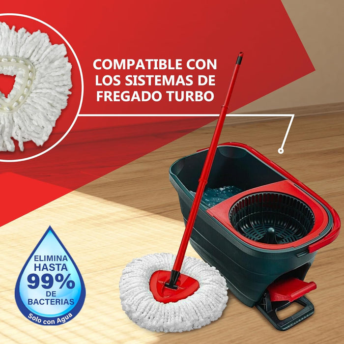 Detalle de recambio de microfibra súper absorbente para fregona giratoria.