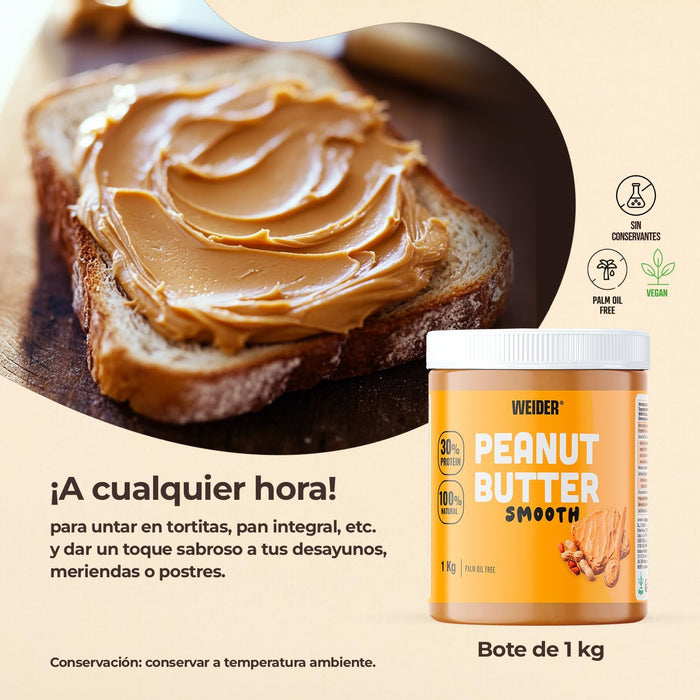 Crema de cacahuete Weider Peanut Butter Smooth 1 kg para tostadas, desayunos, tortitas y recetas