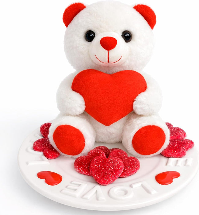 Pack romántico de San Valentín con peluche, gominolas corazón y plato LOVE.