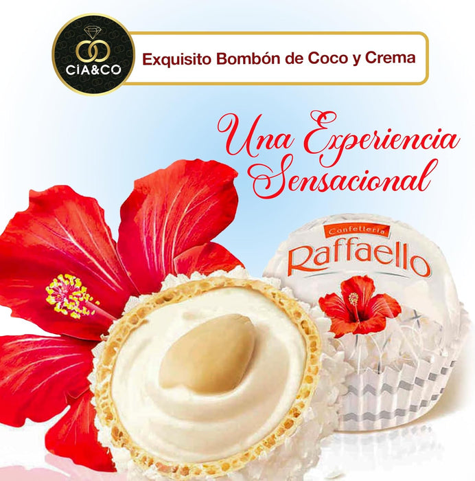 Bombones Raffaello con diseño blanco y rojo navideño.