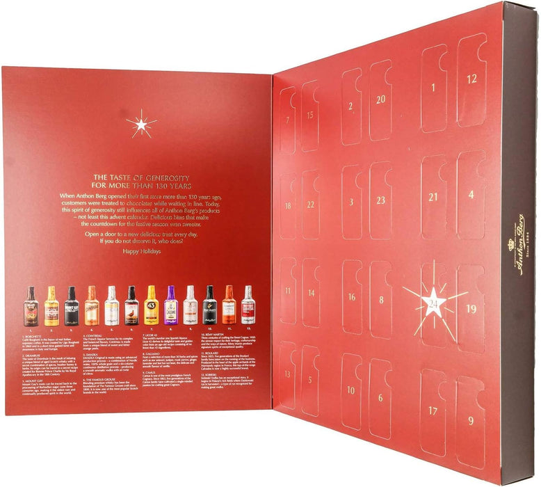 Presentación completa del calendario Anthon Berg con caja exterior.