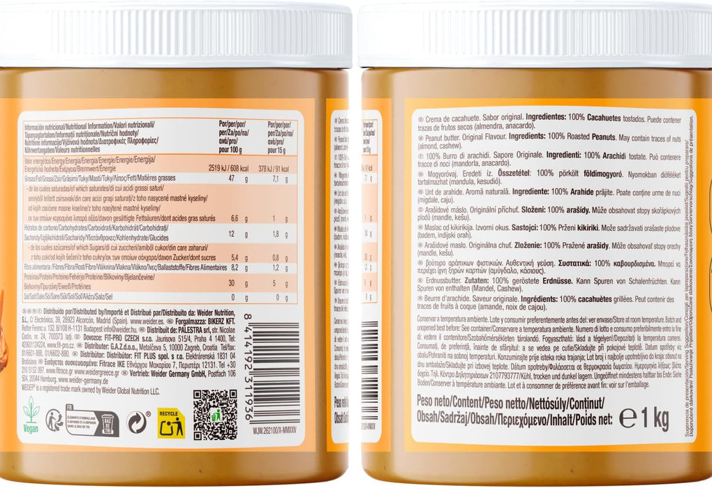 Ingredientes e información nutricional de Weider Peanut Butter Smooth 1 kg – crema de cacahuete 100% natural