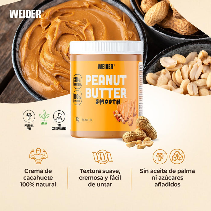 Crema de cacahuete Weider Peanut Butter Smooth – 100% cacahuetes tostados, vegana y sin aceite de palma