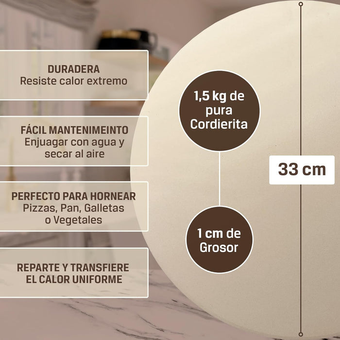 33 cm de diámetro y 1 cm de grosor para un horneado estable