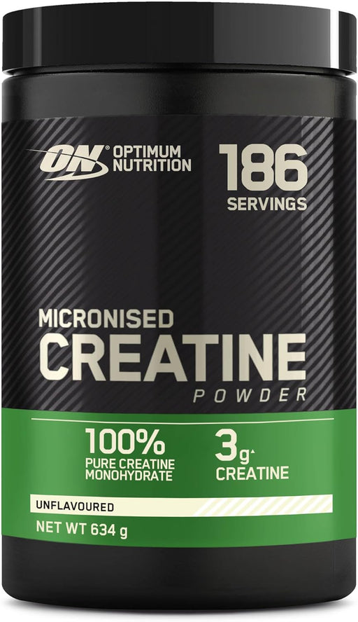Creatina micronizada en polvo Optimum Nutrition sin sabor, envase de 634 g con 186 servicios.