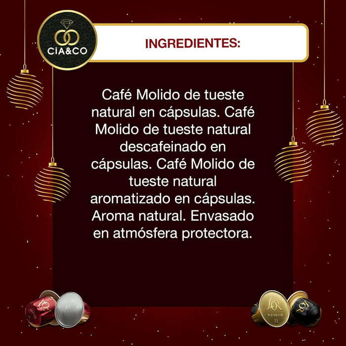 Vista superior del calendario de café L’OR con empaque premium.