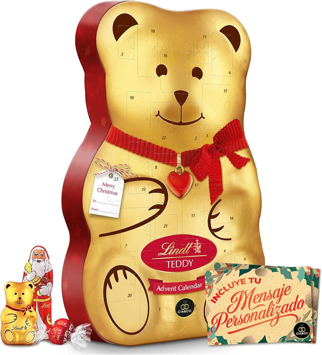 Calendario de Adviento Lindt Teddy 2025 con forma de oso dorado.