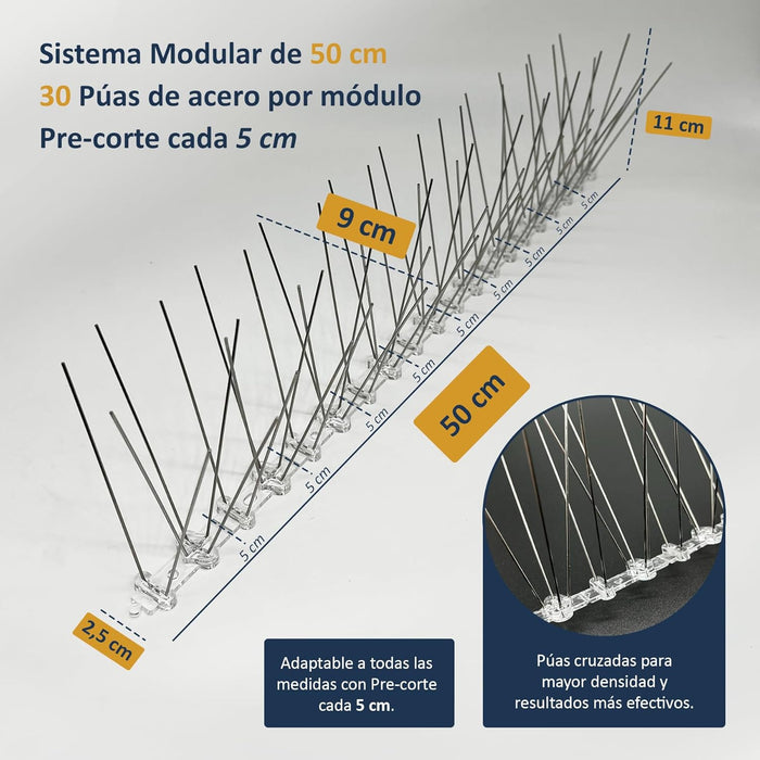 Sistema antipalomas modular con púas de acero inoxidable de alta densidad