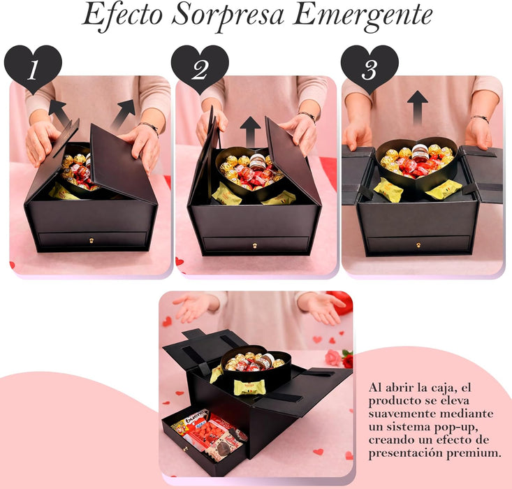 Selección de bombones y chocolates presentada en joyero elegante.