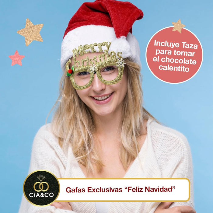 Set completo Cia&Co Papá Noel 2025 con taza, gafas, tarjeta y caja decorativa.