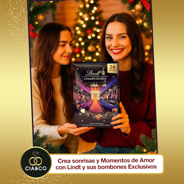 Detalle adicional del acabado dorado y textura del calendario Lindt Campos Elíseos.