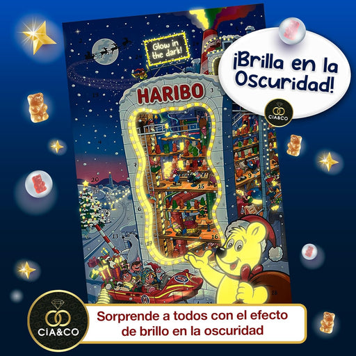 Detalle frontal del calendario HARIBO 2025 con ilustraciones coloridas.