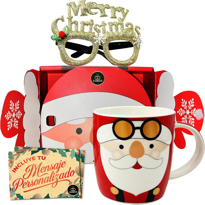 Set taza Papá Noel Cia&Co 380 ml con gafas Merry Christmas y caja regalo festiva.