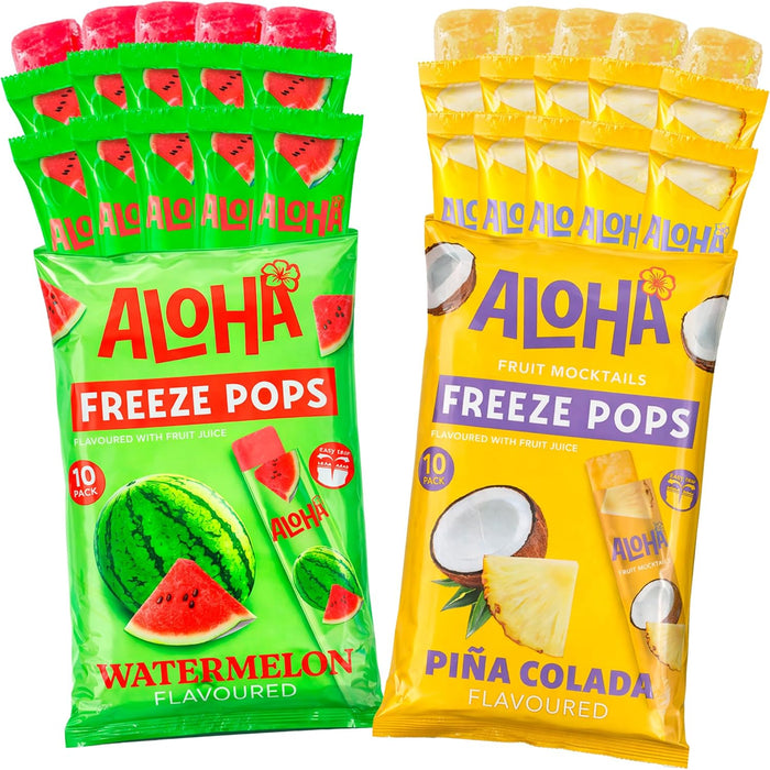 Pack de 20 polos para congelar ALOHA con sabores Watermelon Sandía y Piña Colada.