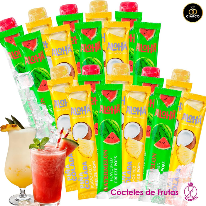 Polos líquidos ALOHA listos para congelar con sabores Watermelon Sandía y Piña Colada.